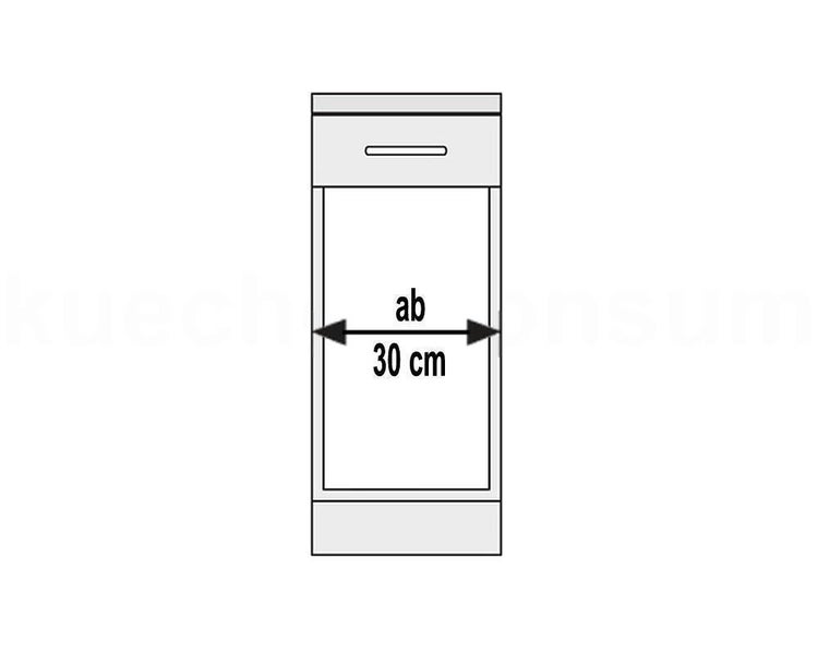 Küchenunterschrank mit Schublade, Breite ab 30 Zentimeter, schematische Darstellung.