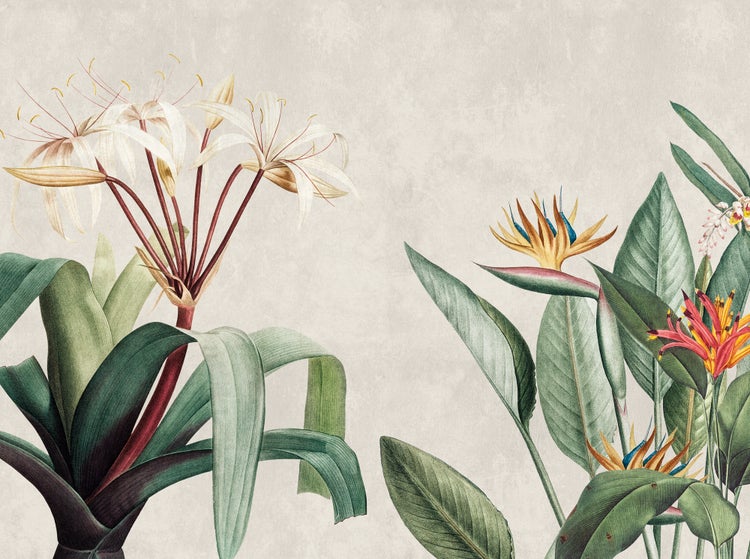 Vliestapete mit botanischem Blumenmuster, Illustration von Lilien, Strelitzien und tropischen Blättern im Vintage Stil.