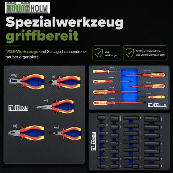 Trutzholm Logo. Set aus 3 Werkzeugeinlagen mit VDE-Zangen, VDE-Schraubendrehern und Schlagschrauber-Einsätzen aus Chrom-Molybdän-Stahl.