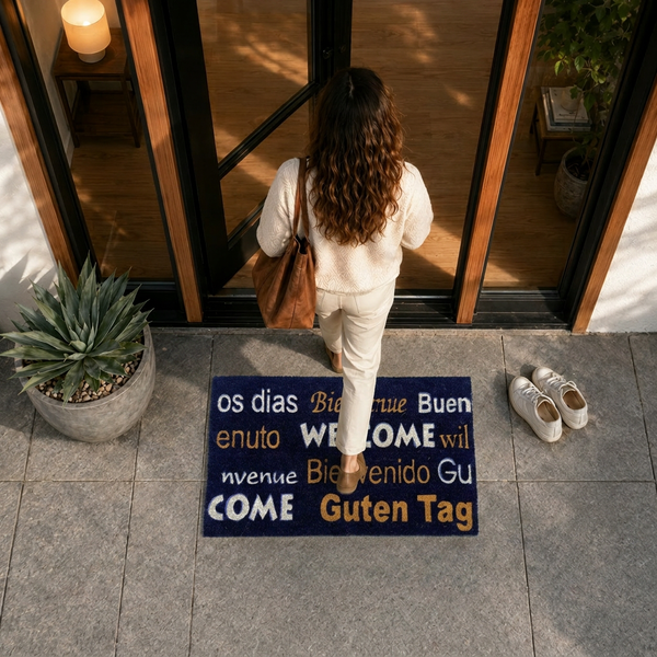 Fußmatte mit internationalen Begrüßungen wie Guten Tag und Welcome vor einem hellen Hauseingang mit einer Person im Eingangsbereich.