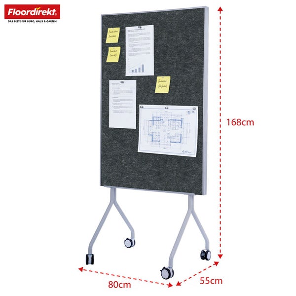 Mobile Bürowand mit Rollen, Filzoberfläche und Notizen, Abmessungen 168 x 80 x 55 cm