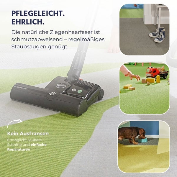 Teppichfliesen aus Ziegenhaar werden gesaugt. Detailbilder zeigen die Eignung für Bereiche mit Schuhen, Kinderspielzeug und Haustieren.