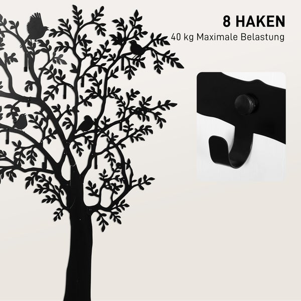 Wandgarderobe in Baumform aus Metall mit 8 Haken und 40 Kilogramm maximaler Belastung.