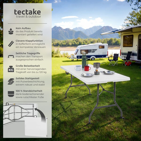 tectake Logo. Weißer Outdoor-Klapptisch, Stahlgestell, belastbar bis einhundertzwanzig Kilogramm. Kofferfunktion mit Griff vor Berglandschaft.