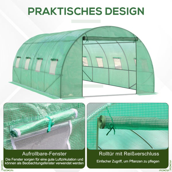 Outsunny Gewächshaus ca. 6 x 3 x 2 m Foliengewächshaus mit 8 Fenster, Rolltür, Aufrollbar Seitenwänden, UV-beständiger Folientunnel, Winterfest Tomatenhaus mit Erdanker, Grün