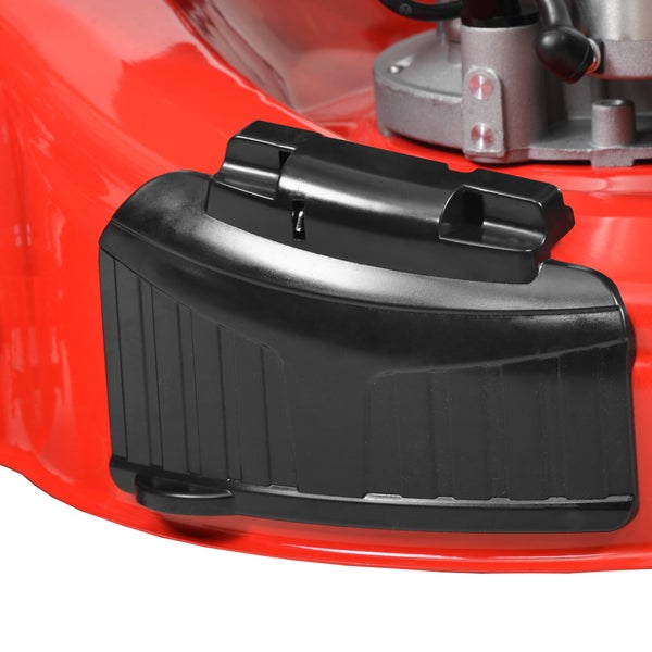 Detailansicht eines Rasenmähers mit schwarzem Seitenauswurf