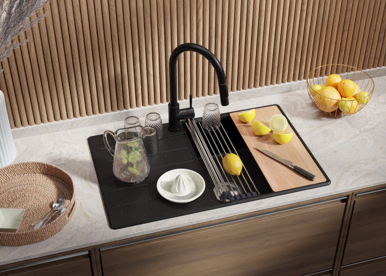 PRIMAGRAN Granitspüle Alles Schwarz 78x53cm, Spülbecken 1 Becken + Küchenarmatur 32x20cm + Ablauf-Set + Küchenzubehörset, Küchenspüle ab 80er Unterschrank - Oslo Pocket