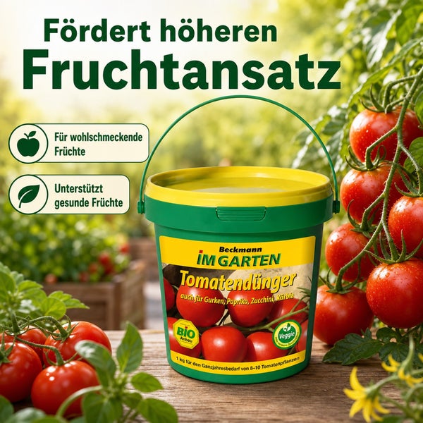 Ein Eimer Beckmann im Garten Tomatendünger für den ökologischen Anbau von Tomaten, Gurken, Paprika, Zucchini und Kürbis.