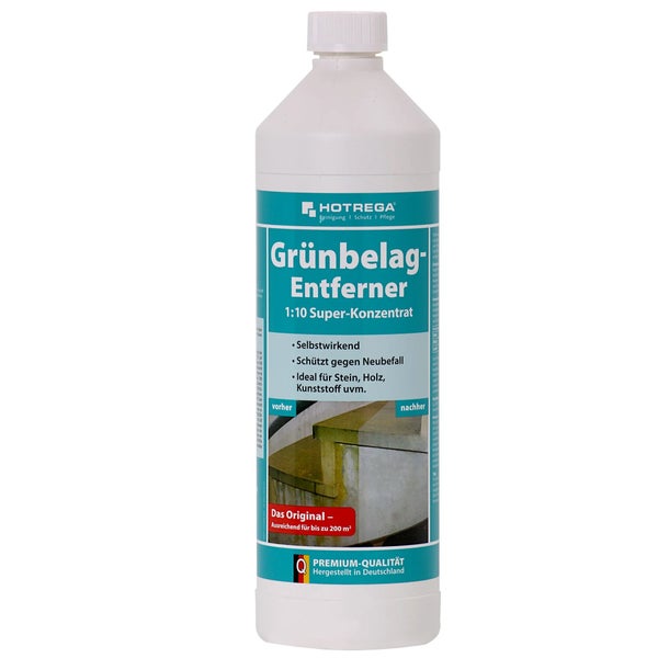Hotrega Grünbelag Entferner Superkonzentrat in der Flasche zur Beseitigung von Grünbelag auf Stein, Holz und Kunststoff.