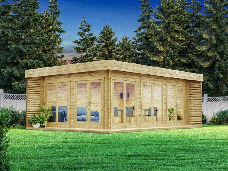 Holzgartenhaus mit Veranda und überdachtem Eingangsbereich im Garten