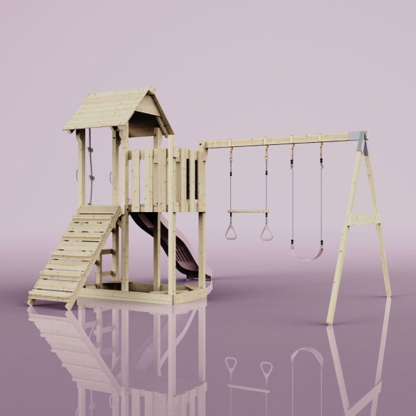 Spielturm aus Holz mit Rutsche, Schaukel und Kletterleiter