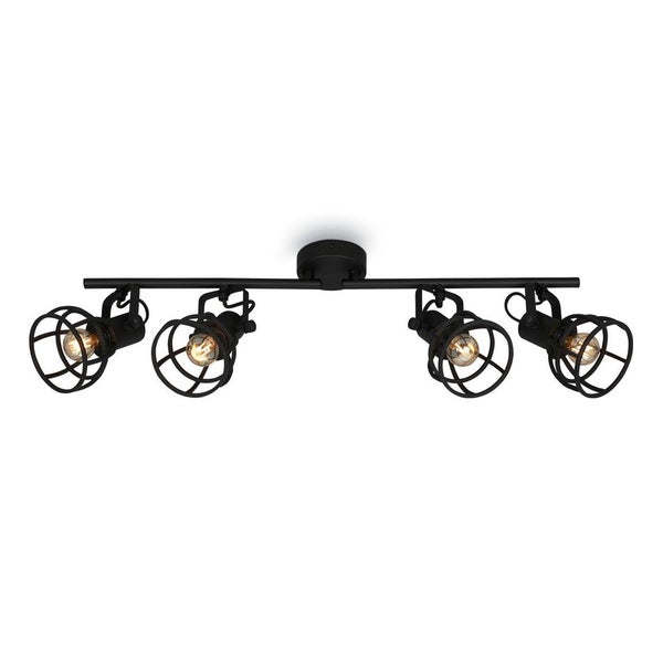 Vierflammige Deckenleuchte in Schwarz mit verstellbaren Strahlern im Gitter-Design und sichtbaren Leuchtmitteln.