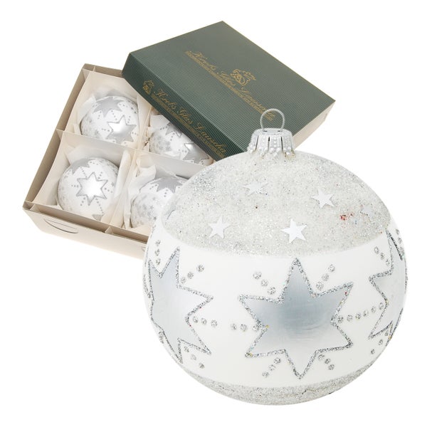 Weiß/Silber 10cm Glaskugel mundgeblasen und handdekoriert mit großen Sternen (4 Stück), 4 Stck., Weihnachtsbaumkugeln, Christbaumschmuck, Weihnachtsbaumanhänger