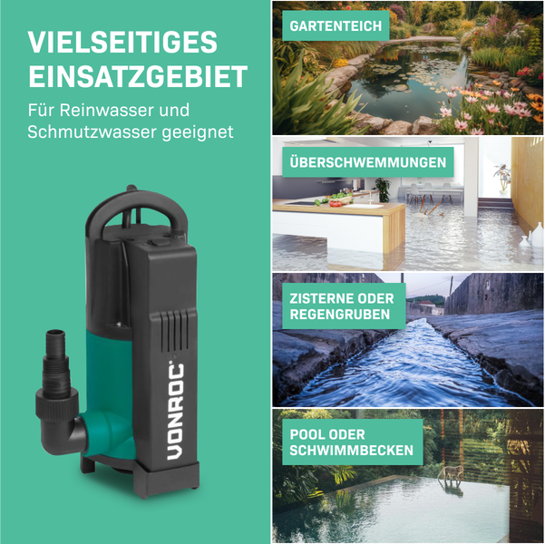 VONROC Tauchpumpe mit integriertem Schwimmer [750W] - Schmutzwasserpumpe für Keller, Pool, Gartenteich - Flachsaugend max Höhe [7,5m] - 1400 l/h für sauberes und schmutziges Wasser