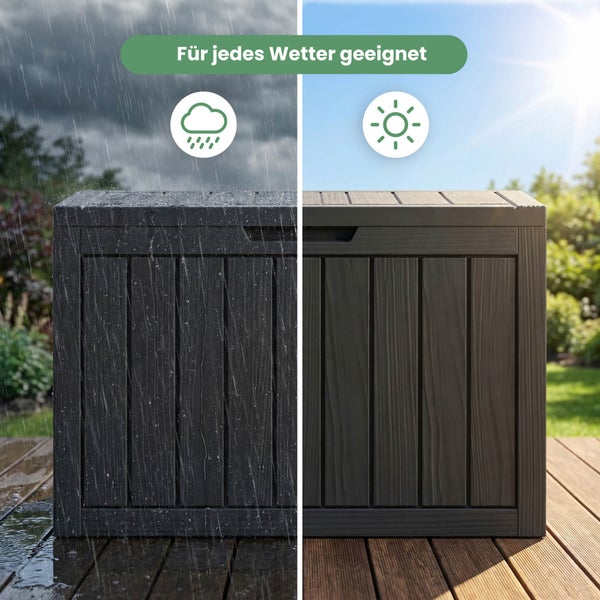 Wetterfeste Gartenbox in Holzoptik bei Regen und Sonnenschein. Für jedes Wetter geeignet.