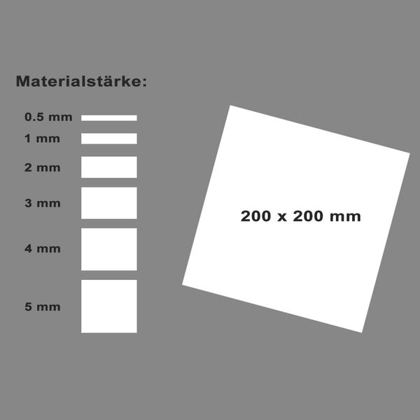Übersicht der Materialstärken von 0.5 Millimeter bis 5 Millimeter für eine Platte mit den Maßen 200 mal 200 Millimeter.