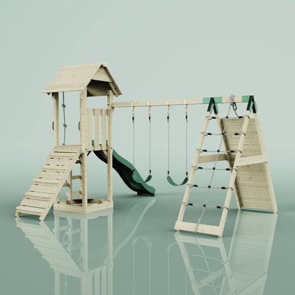 Spielturm aus Holz mit Rutsche, Schaukeln und Kletterwand für den Außenbereich