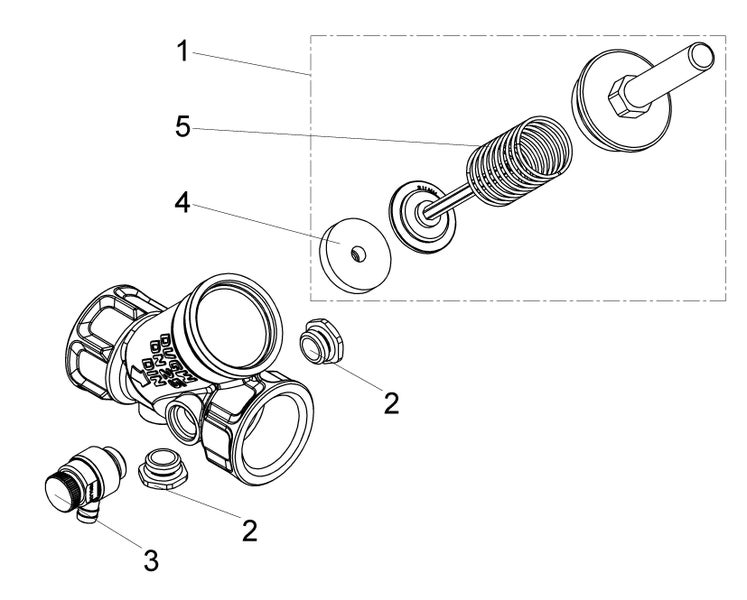 Technische Zeichnung einer Ventilbaugruppe mit nummerierten Ersatzteilen wie Ventilgehäuse, Feder und Dichtungen.