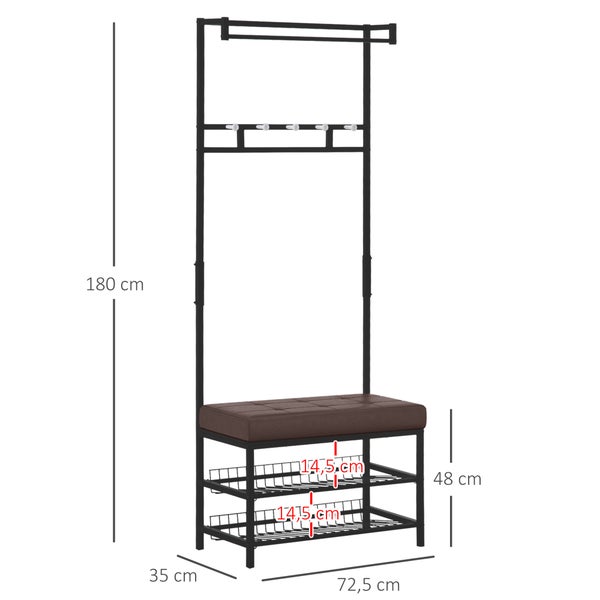 HOMCOM Garderobenständer Garderobenbank Kleiderständer Schuhregal mit Sitzfläche Garderobe mit Sitzfläche und 2 Schuhablagen, Metall, 72,5x35x180cm