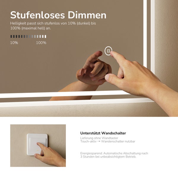 LED-Badspiegel mit Touch-Sensor für stufenloses Dimmen, Unterstützung für Wandschalter und automatischer Abschaltung.