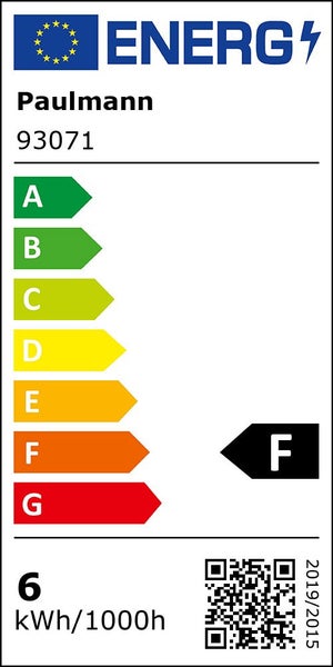 EU Energielabel für Paulmann 93071, Energieeffizienzklasse F, Energieverbrauch 6 Kilowattstunden pro 1000 Stunden.