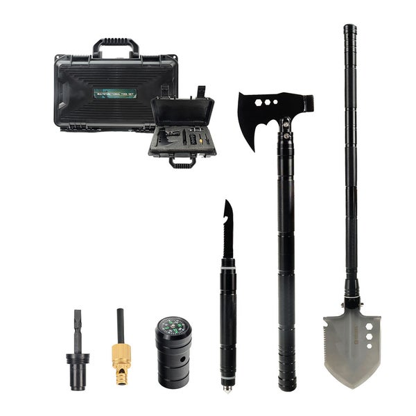 Multifunktionales Werkzeugset im Transportkoffer mit Axt, Schaufel, Messer, Kompass und Zubehör für Camping und Outdoor.