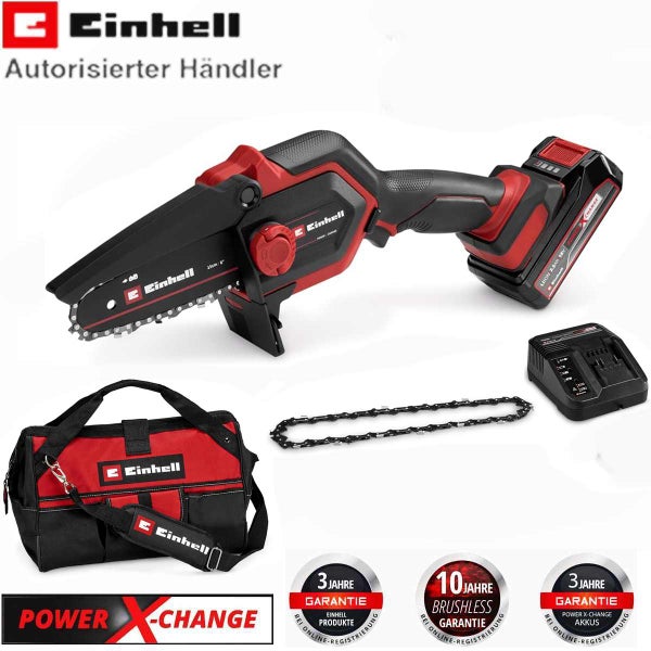 Einhell Akku-Astkettensäge Set mit Akku, Ladegerät, Ersatzkette und Tasche. Enthält Einhell Logo, Power X-Change Logo und Garantiesiegel.
