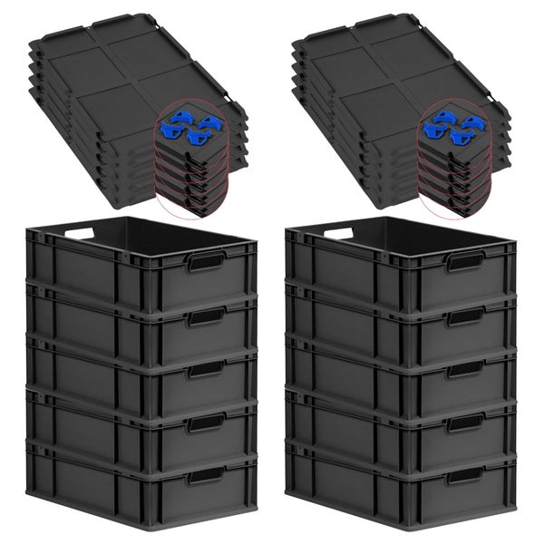 PROREGAL SparSet 10x Eurobox NextGen Grip mit Auflagedeckel inkl. 4 blauen Schiebeschnappverschlüssen, HxBxT 17x40x60cm, 34 Liter, Schwarz, Griffe offen, Eurobehälter, Transportbox, Transportbehälter, Stapelbehälter