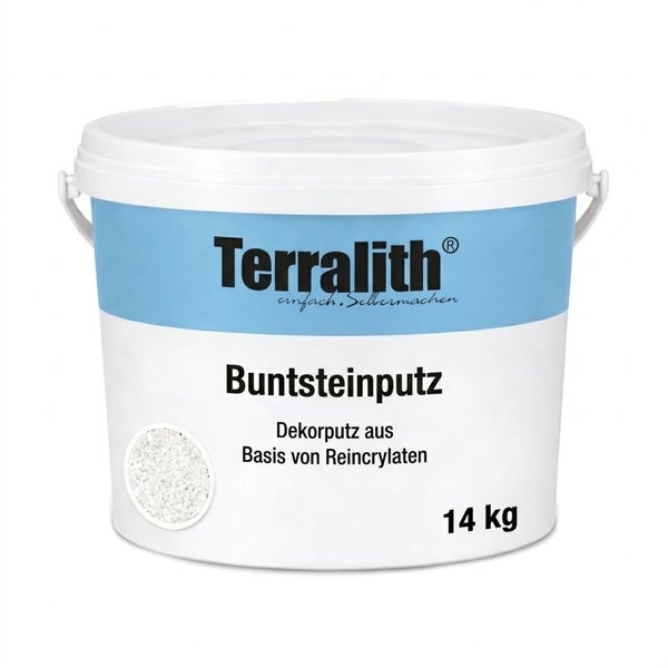 Weißer Eimer Terralith Buntsteinputz, Dekorputz auf Basis von Reinacrylaten, 14 Kilogramm.