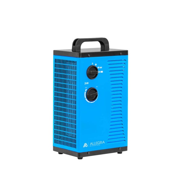 Blauer Elektroheizer mit Tragegriff und zwei Drehknöpfen zur Steuerung