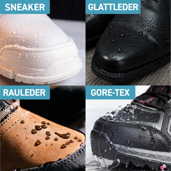 Darstellung verschiedener Schuhmaterialien: Sneaker, Glattleder, Rauleder und Gore-Tex mit wasserabweisenden Eigenschaften.