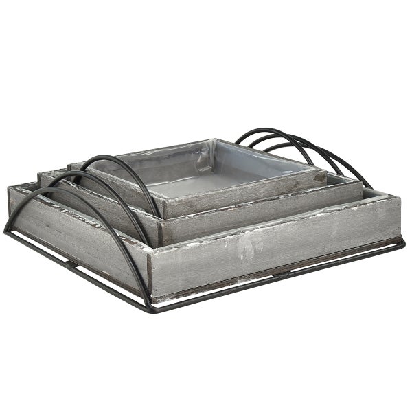 Set aus drei Pflanzkästen aus Holz mit Metalleinfassung