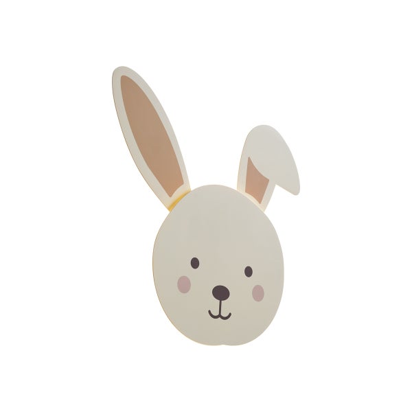 LED-Wandleuchte für das Kinderzimmer in Form eines Hasenkopfes mit einem abgeknickten Ohr.