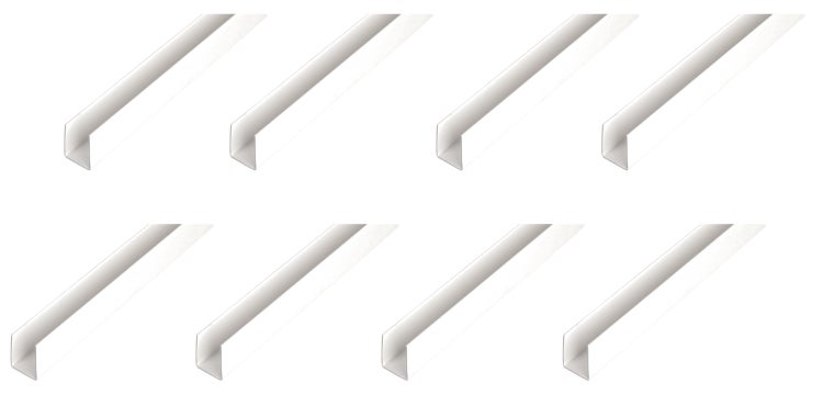 Set aus acht L-förmigen Winkelprofilen für vielseitige Anwendungen im Innenausbau.