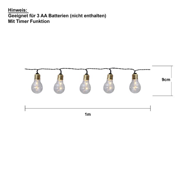 Lichterkette mit fünf Glühbirnen und Timerfunktion, geeignet für drei AA Batterien