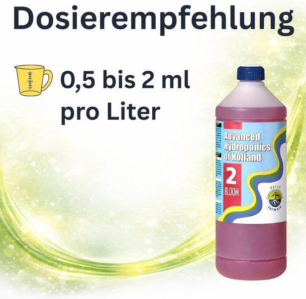 Dosierempfehlung für Advanced Hydroponics of Holland 2 Bloom: 0,5 bis 2 Milliliter pro Liter.