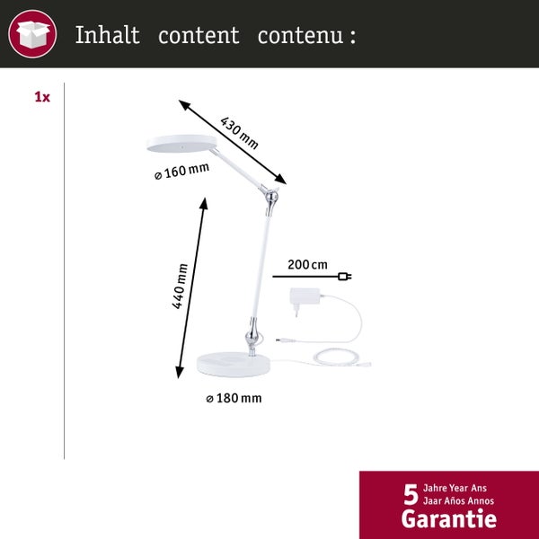 Schreibtischlampe Maße: Kopf 160 Millimeter, Fuß 180 Millimeter, Arme 440 und 430 Millimeter. Kabel 200 Zentimeter. Mit Netzteil und 5 Jahren Garantie.