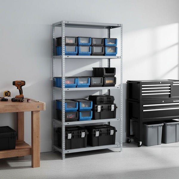 Organisierte Werkstatt mit einem Metallregal voller Lagerboxen und Werkzeugkoffer, neben einer Werkbank aus Holz und einem Werkzeugwagen.