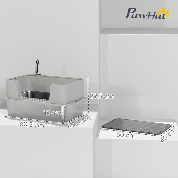 PawHut Logo. Katzentoilette aus Edelstahl mit Schaufel und Matte. Maße 60,2 mal 40,2 mal 29,5 Zentimeter, Matte 60 mal 40 Zentimeter.