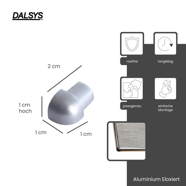 DALSYS Logo. Eloxierte Aluminium-Endkappe, 1 Zentimeter hoch und breit. Rostfrei, langlebig, passgenau und einfache Montage.