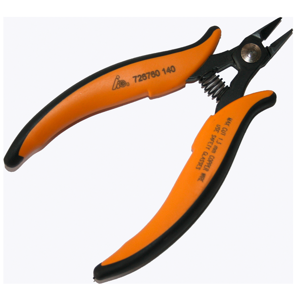 Präzisions-Seitenschneider mit orangefarbenen und schwarzen Griffen, Federmechanismus, für Kupferdraht bis 1,3 Millimeter.