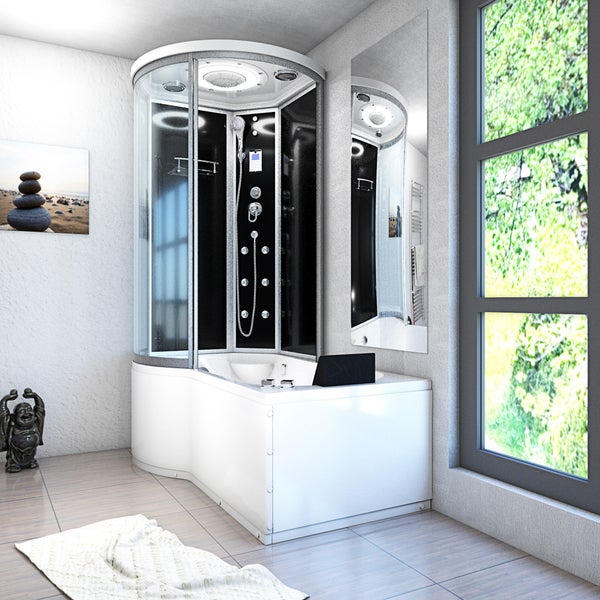 Moderne Dampfduschkabine mit integrierter Badewanne, Massagedüsen, Glasabtrennung und digitalem Display in einem hellen Badezimmer.