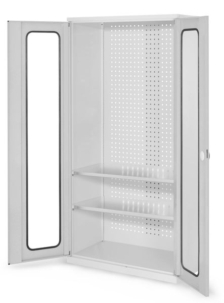 Geöffneter Werkzeugschrank mit Regalböden und Lochwand