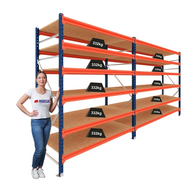 Schwerlastregal von Proregal mit blauem Metallrahmen, orangefarbenen Traversen und fünf Holzböden mit je 332 Kilogramm Tragkraft.