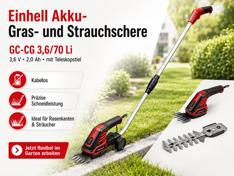 Einhell kabellose Gras- und Strauchschere GC-CG 3,6/70 Li mit Teleskopstiel und wechselbaren Messern bei der Gartenarbeit.
