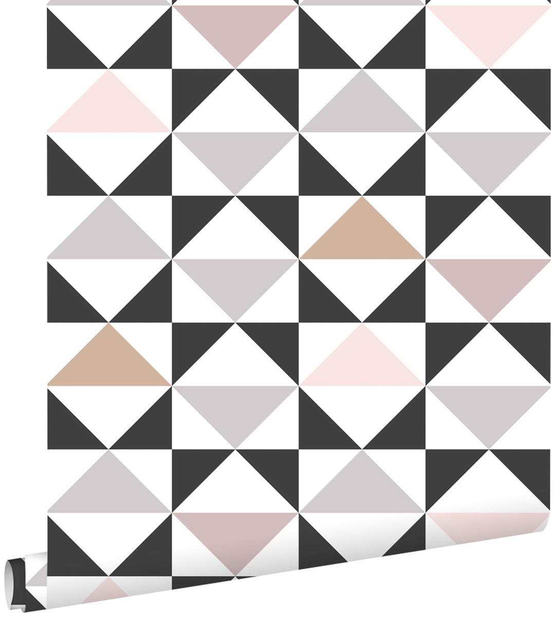 ESTAhome Tapete grafische Dreiecke Weiß, Schwarz, Grau und Altrosa - 0,53 x 10,05 m - 139094