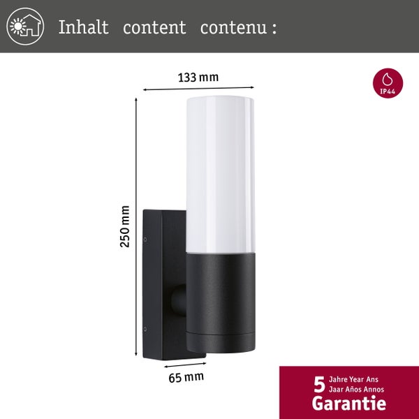 Außenwandleuchte mit zylindrischem Schirm, Höhe 250 Millimeter, Ausladung 133 Millimeter, Breite 65 Millimeter, IP44 spritzwassergeschützt, 5 Jahre Garantie.