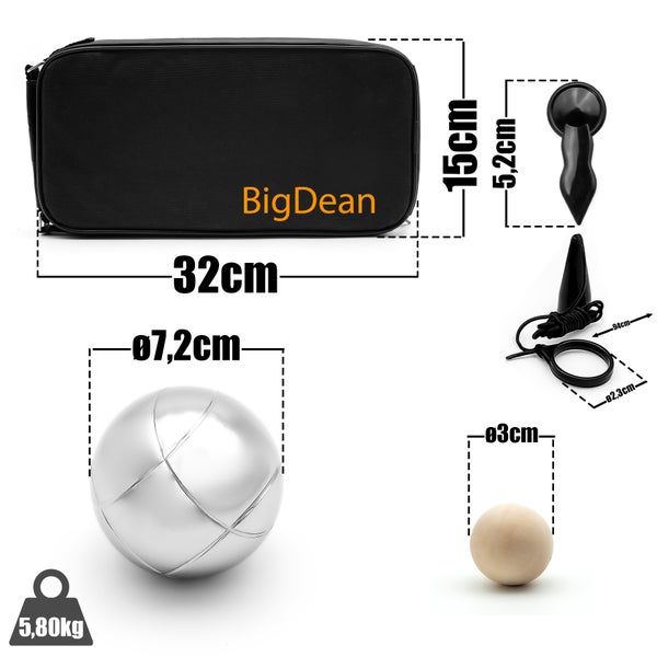 BigDean Set mit Tasche, Kugel und Zubehör mit Maßangaben