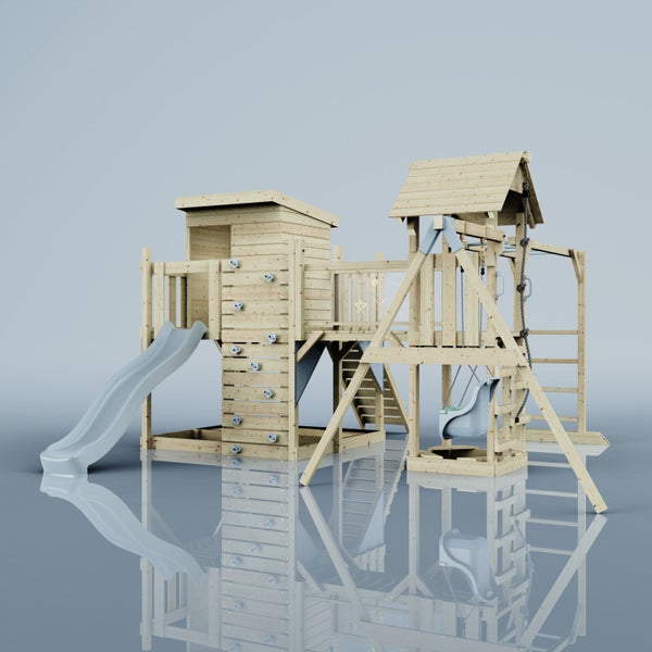 Spielplatz mit Rutsche, Schaukel und Kletterwand aus Holz