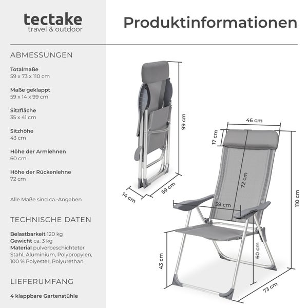 4er Set Gartenstuhl tectake Maurine 73 x 59 x 110 cm klappbar grau